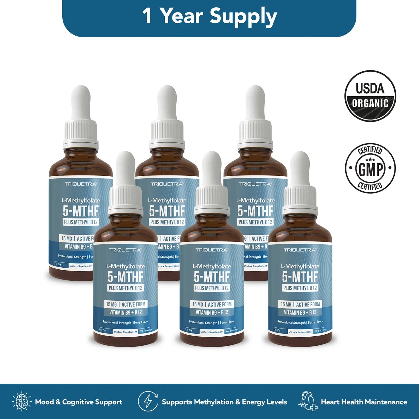 L- Methylfolate 15Mg + B12 Pro Strength, Liquid 5-MTHF Form, Supports Mood, Methylation, & Cognition Supplement Energy Levels Vitamin Methylcobalamin