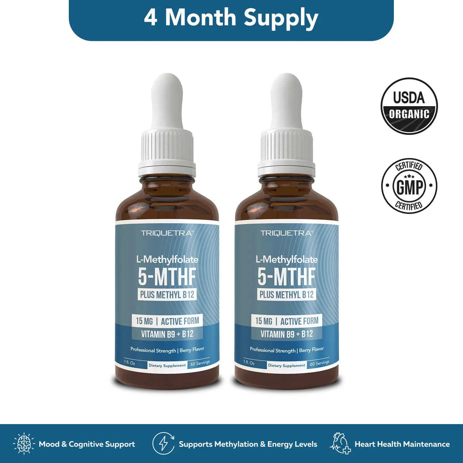 L- Methylfolate 15Mg + B12 Pro Strength, Liquid 5-MTHF Form, Supports Mood, Methylation, & Cognition Supplement Energy Levels Vitamin Methylcobalamin