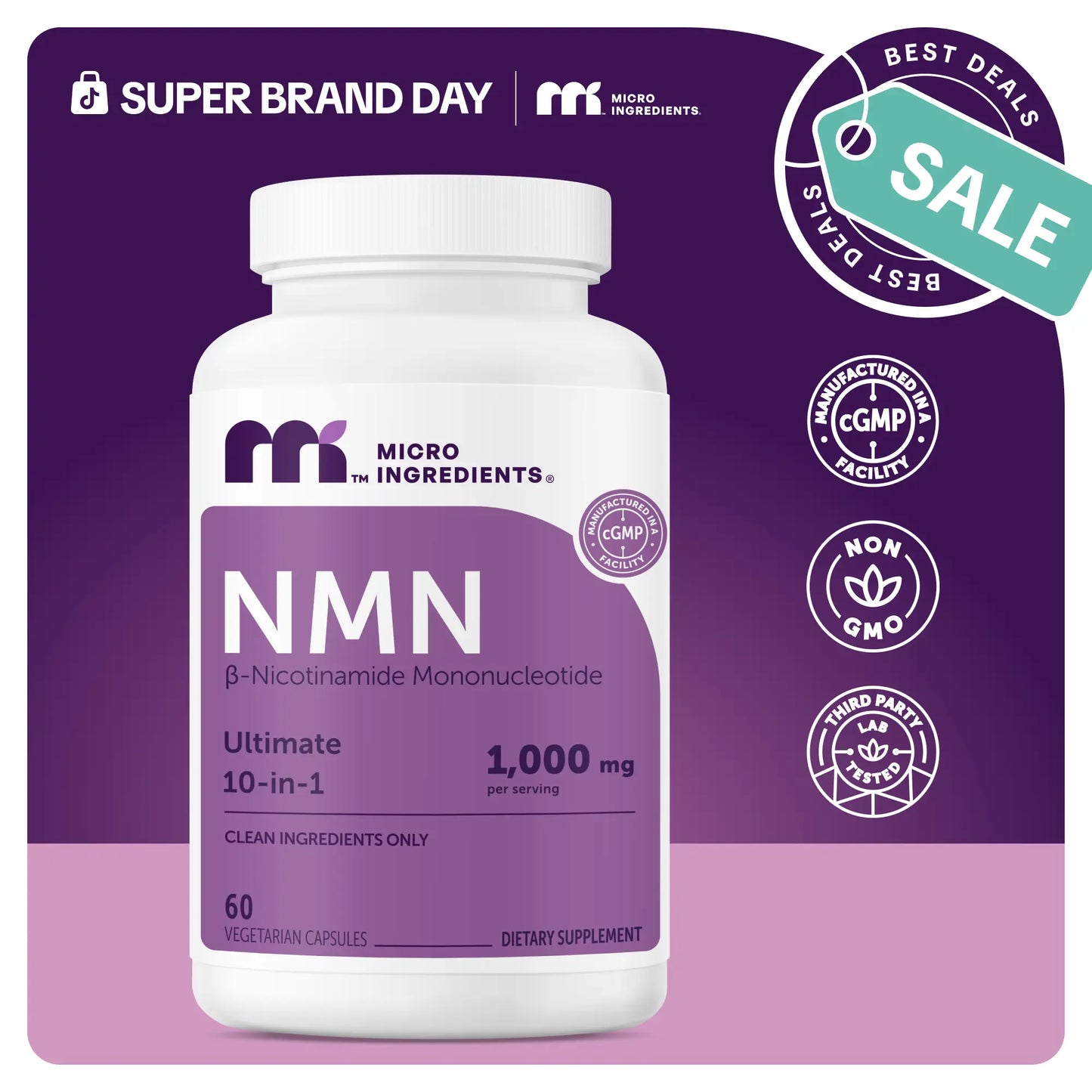 Micro Ingredients NMN Complex 1,000Mg per Serving, 10-1 Complex, Zero Filler, Pure NMN 500Mg with Vitamin C, Resveratrol, Coq10, TMG, Quercetin, & Glutathione | NAD+ Supplement Precursor