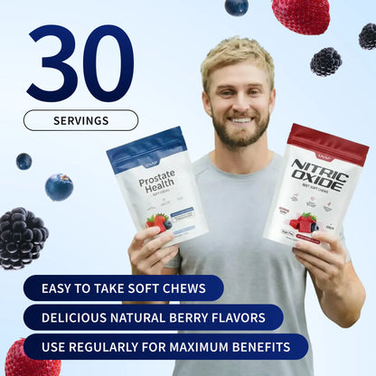 NEW! Prostate Health and Nitric Oxide Chews - Inflammation Support - Urinary & Bladder Function - Supports Blood Flow & Energy - Male Reproductive Health - Antioxidants - Supports Healthy DHT Levels - Mixed Berry Flavor - Medicinal Mushrooms & Botanicals