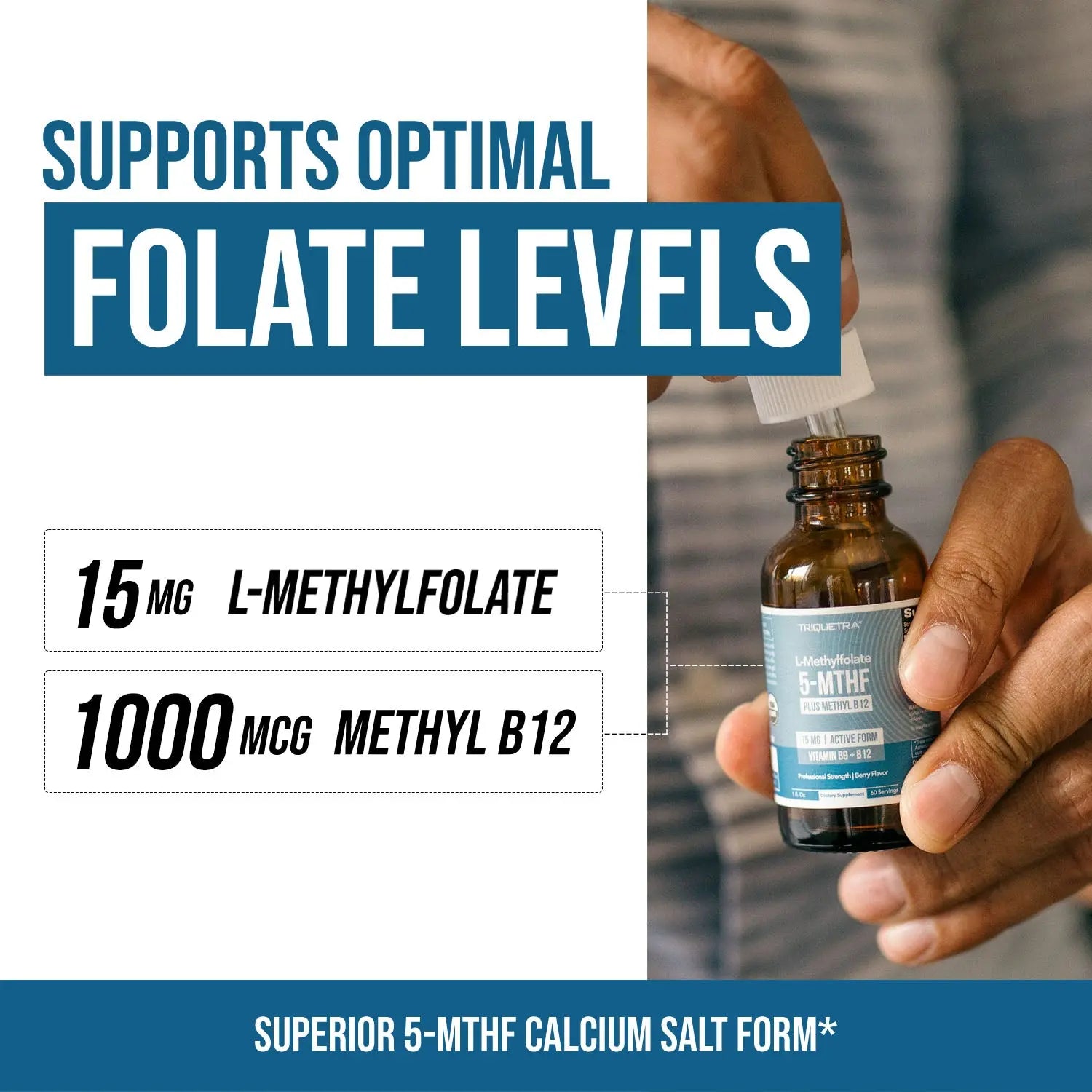 L- Methylfolate 15Mg + B12 Pro Strength, Liquid 5-MTHF Form, Supports Mood, Methylation, & Cognition Supplement Energy Levels Vitamin Methylcobalamin