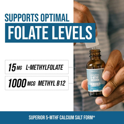 L- Methylfolate 15Mg + B12 Pro Strength, Liquid 5-MTHF Form, Supports Mood, Methylation, & Cognition Supplement Energy Levels Vitamin Methylcobalamin