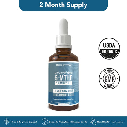 L- Methylfolate 15Mg + B12 Pro Strength, Liquid 5-MTHF Form, Supports Mood, Methylation, & Cognition Supplement Energy Levels Vitamin Methylcobalamin