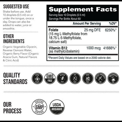 L- Methylfolate 15Mg + B12 Pro Strength, Liquid 5-MTHF Form, Supports Mood, Methylation, & Cognition Supplement Energy Levels Vitamin Methylcobalamin