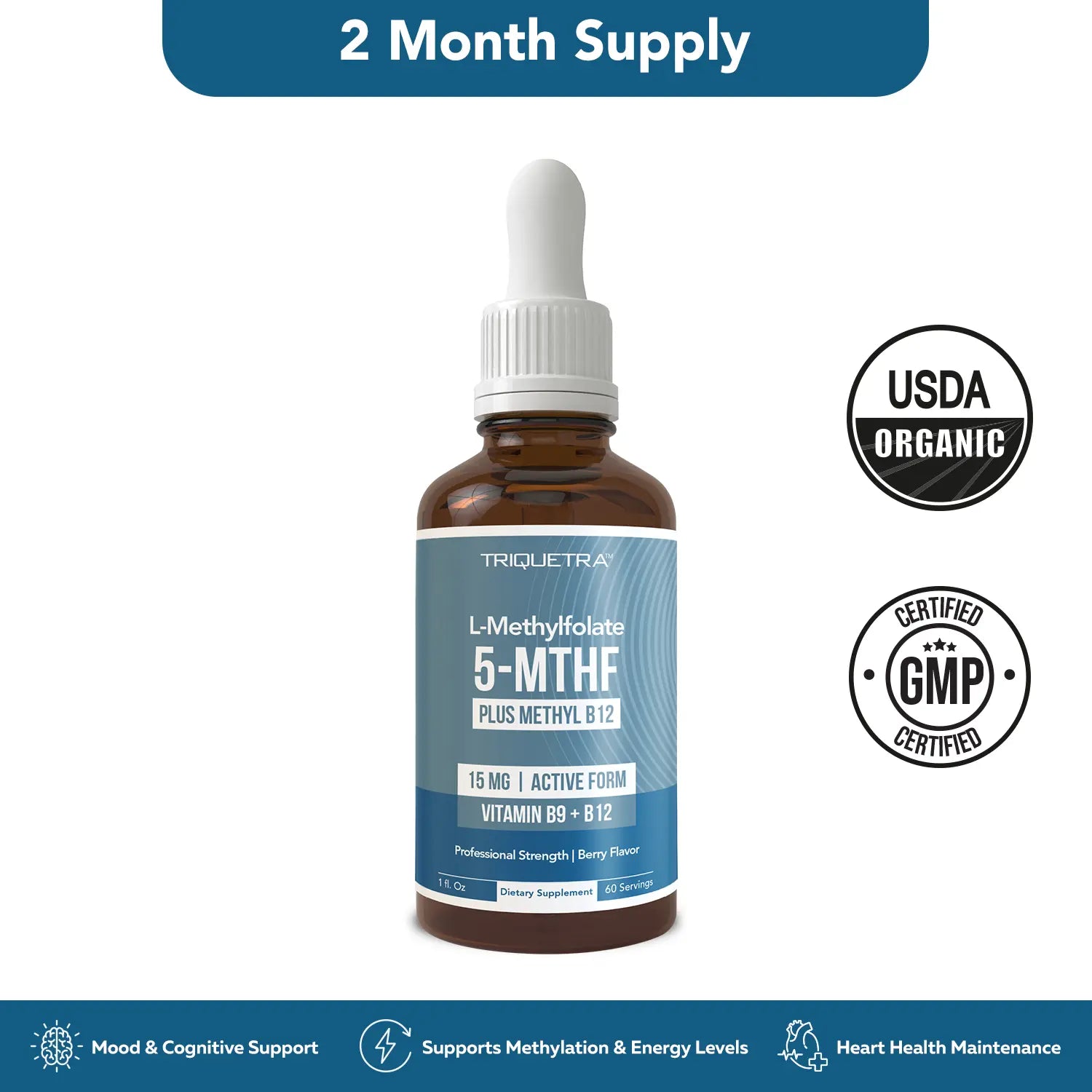 L- Methylfolate 15Mg + B12 Pro Strength, Liquid 5-MTHF Form, Supports Mood, Methylation, & Cognition Supplement Energy Levels Vitamin Methylcobalamin