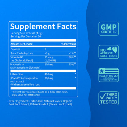 Nello Supercalm Calming Drink Mix with KSM-66 Ashwagandha Vitamin D3 Magnesium & L-Theanine Supports Cortisol Balance Mood Sleep 20 Servings Travel Packets Dietary Supplement