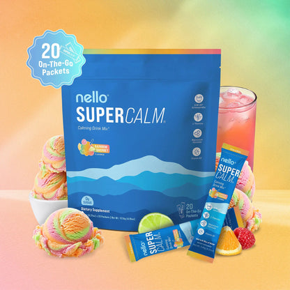 Nello Supercalm Calming Drink Mix with KSM-66 Ashwagandha Vitamin D3 Magnesium & L-Theanine Supports Cortisol Balance Mood Sleep 20 Servings Travel Packets Dietary Supplement