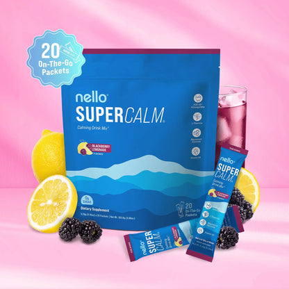 Nello Supercalm Calming Drink Mix with KSM-66 Ashwagandha Vitamin D3 Magnesium & L-Theanine Supports Cortisol Balance Mood Sleep 20 Servings Travel Packets Dietary Supplement