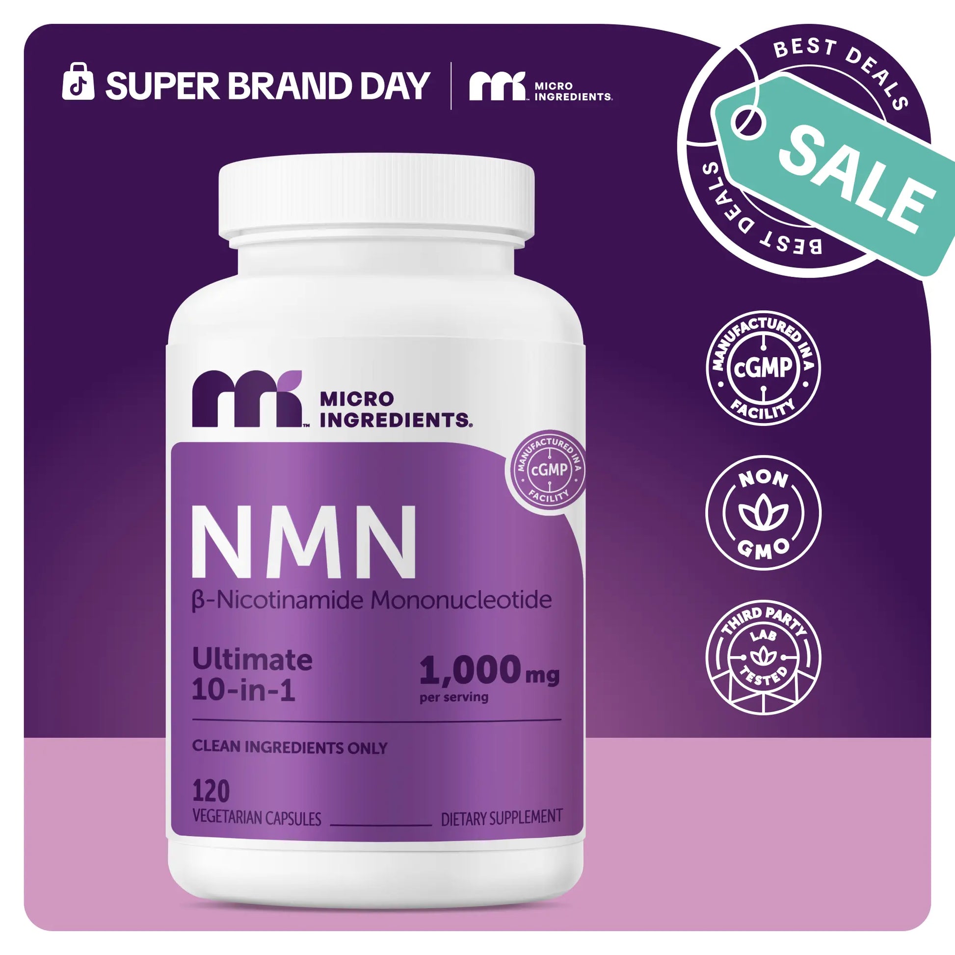 Micro Ingredients NMN Complex 1,000Mg per Serving, 10-1 Complex, Zero Filler, Pure NMN 500Mg with Vitamin C, Resveratrol, Coq10, TMG, Quercetin, & Glutathione | NAD+ Supplement Precursor